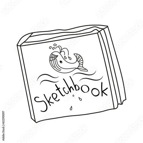 sketchbook with the image of a whale in the water on a white background in doodle style