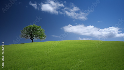 Beautiful landscape, Green Field Big Tree Blue Sky, Web Background, Ai Generate.