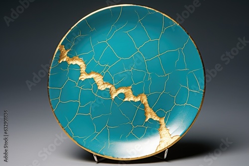gold-infused kintsugi cracks on a turquoise ceramic plate photo