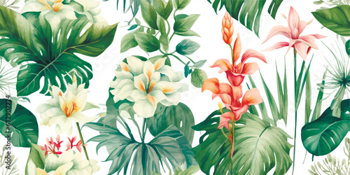 Beautiful vector seamless tropical floral pattern with hand drawn watercolor exotic jungle flowers. Modern floral pattern. Collage contemporary seamless pattern. Hand drawn pattern