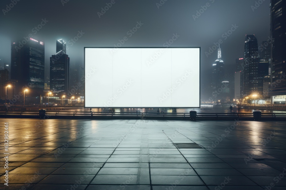Empty billboard on the building. Blank mock-up of info banner. Generative AI Empty billboard on the building. Blank mock-up of info banner. Generative AI