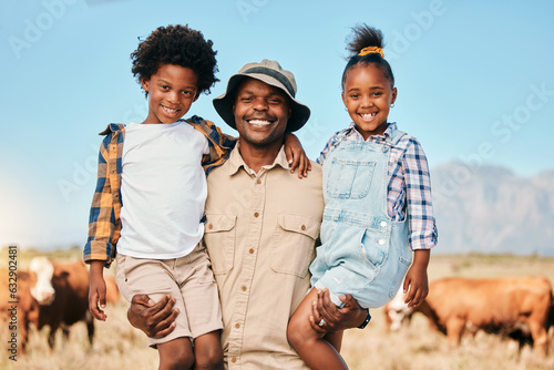 Portrait, father and children on animal farm outdoor with cattle, sustainability and family. African man and kids on field for farmer adventure or holiday in countryside Africa for travel holiday