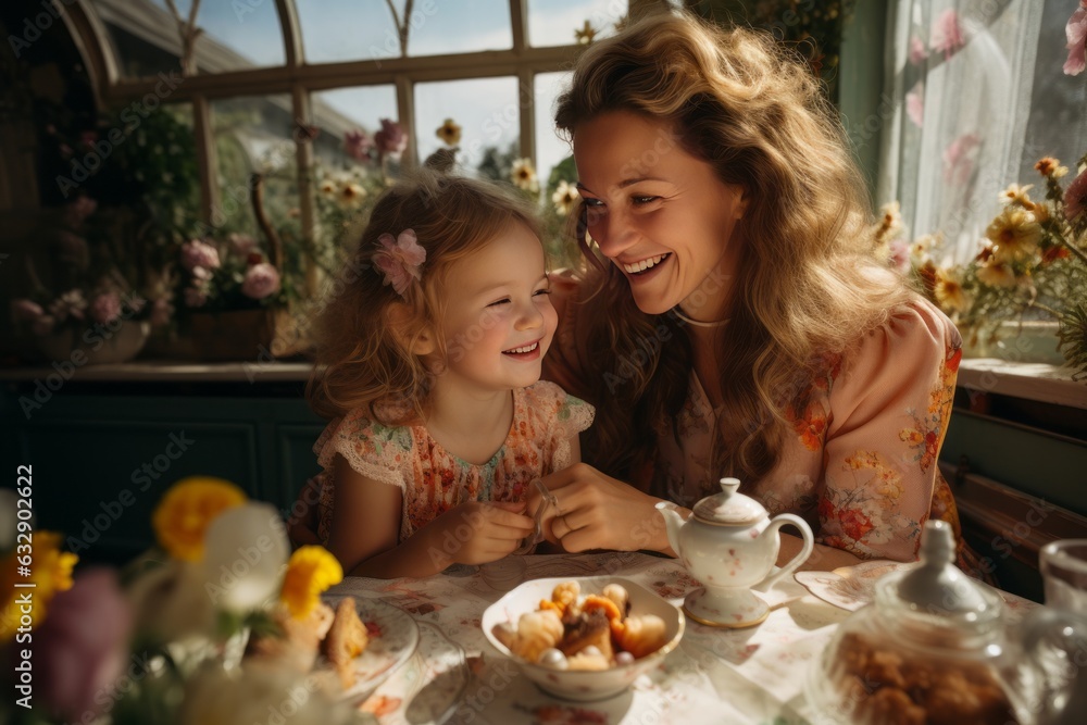 Mother And Daughter Having A Delightful Tea Party, Generative AI Mother And Daughter Having A Delightful Tea Party, Generative AI