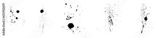 Dirty Splatter Set. Paintbrush Rough Splotch, Messy Paint Brush Spatter. Spray Blot, Stain Texture. Black Splat Collection. Grunge Design Element. Abstract Splash. Isolated Vector Illustration