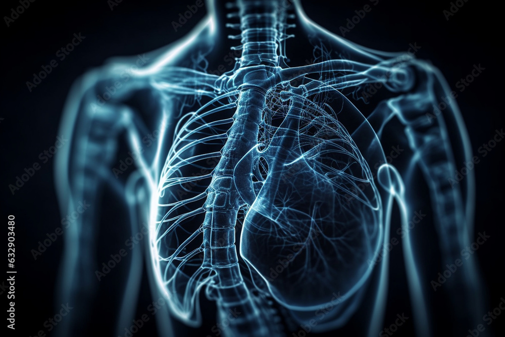 An Xray image of the chest, highlighting the bones of the rib cage and