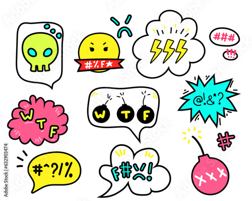 doodle swear word speech bubble set. Curse, rude, swear word for angry, bad, negative expression.
