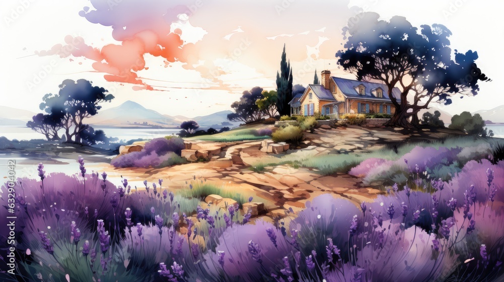 Obraz premium Lavender flowers with a house in the background.