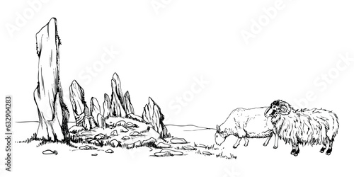 Ink hand drawn sketch illustration vector Landscape scenery of highlands countryside nature. Standing stones, sheep. Horizontal banner composition Design for travel, tourism, brochure, print, wall art