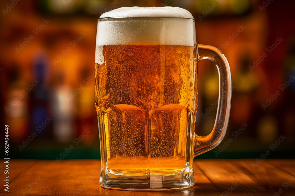 A mug of beer on the counter bar in pub isolated on blurred background, close up shot, Internationnal beer day and oktoberfest concept.