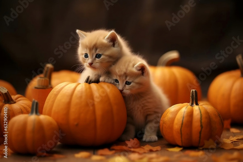 Two cute orange tabby kittens playing around pumpkins and leaves, ginger cat in autumn season and harvest festival halloween and thanksgiving concept.