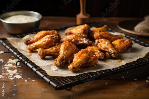 glazed buffalo wings on cooling rack with parchment paper