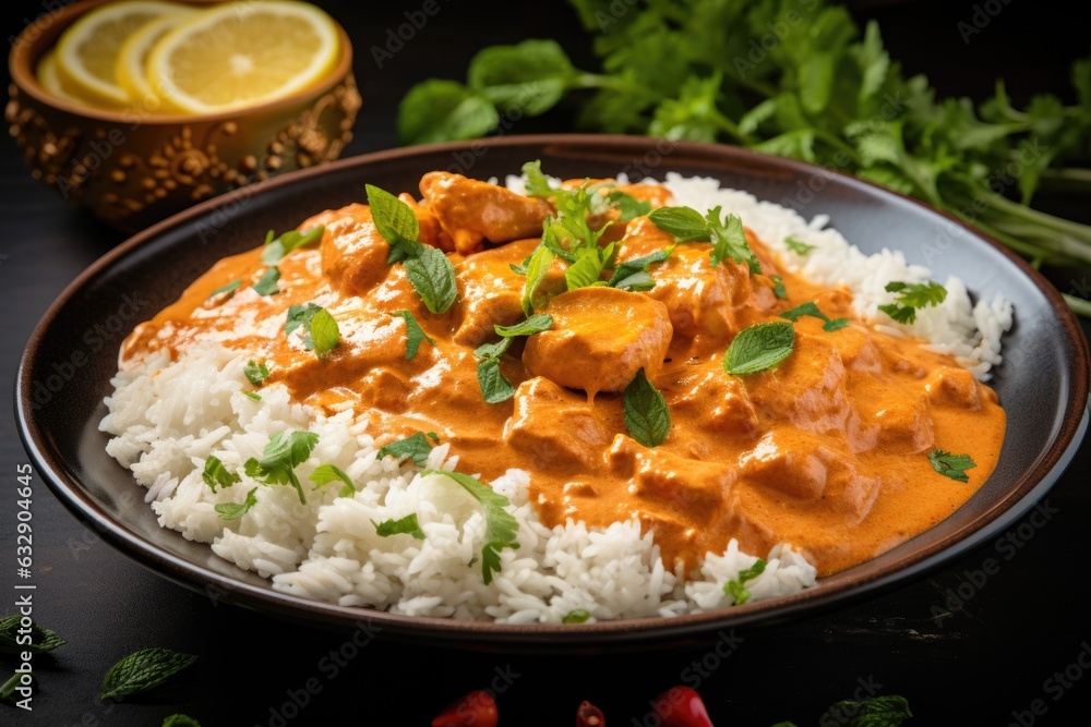 butter chicken served over steamed rice