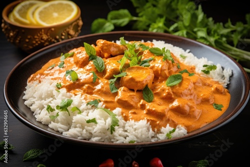 butter chicken served over steamed rice