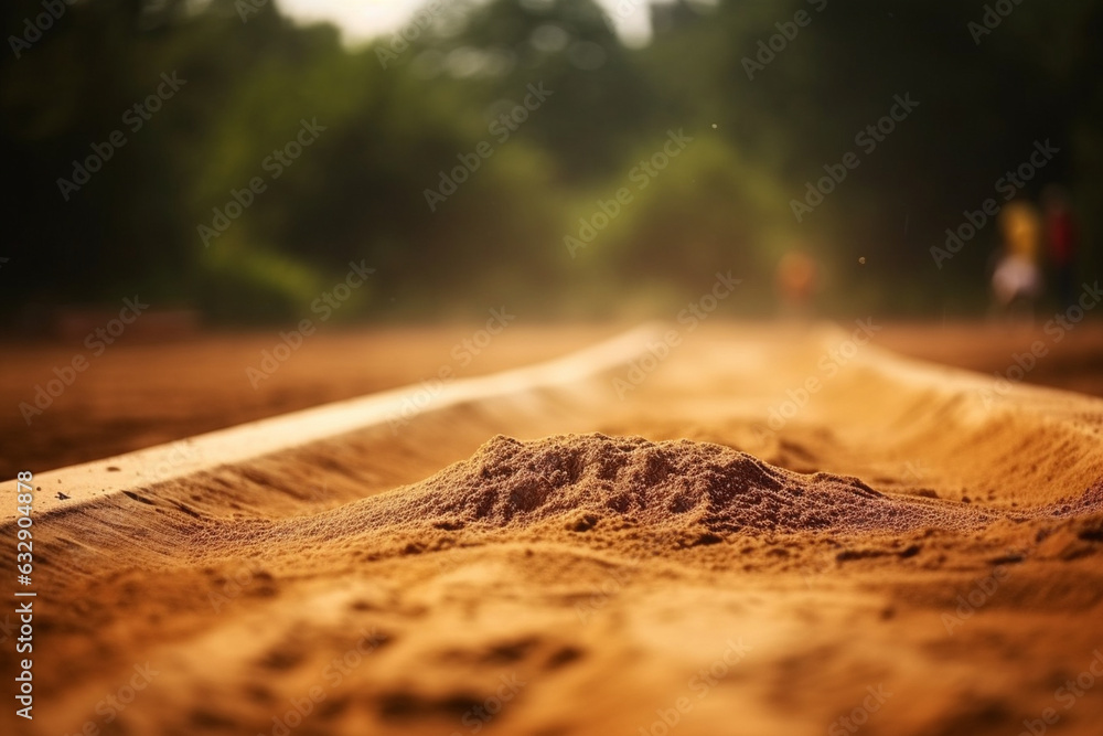 A long jump sand pit with a faint image of the track in the background, Sport, bokeh  - obrazy, fototapety, plakaty 