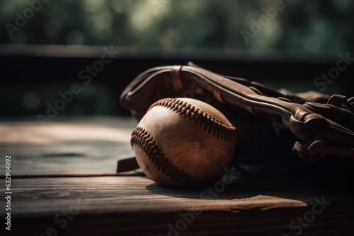 A baseball glove and ball sitting on a wooden bench, Sport, bokeh  photo