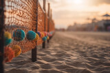 A colorful row of beach volleyball nets along a sandy beach, Sport, bokeh 