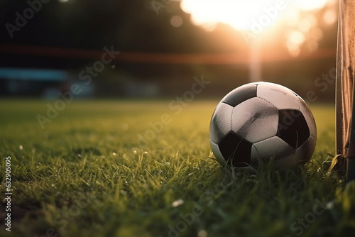 A soccer ball resting on the grass next to a corner flag, Sport, bokeh  © Nati