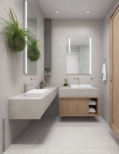 Modern minimalist bathroom interior with bathroom cabinet  white sink and wooden vanity. Interior plants. Image created using artificial intelligence.