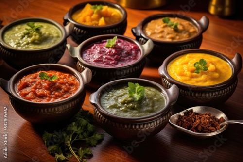 various curry pastes in small bowls for flavor options