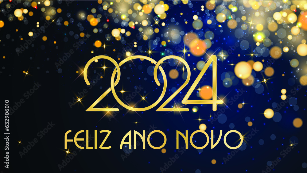 cartão ou banner para desejar um feliz 2024 em ouro sobre fundo azul com círculos e glitter dourado em efeito bokeh