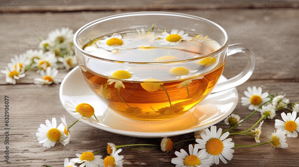 chamomile tea in a glass cup on a wooden table - created using generative AI tools chamomile tea in a glass cup on a wooden table - created using generative AI tools
