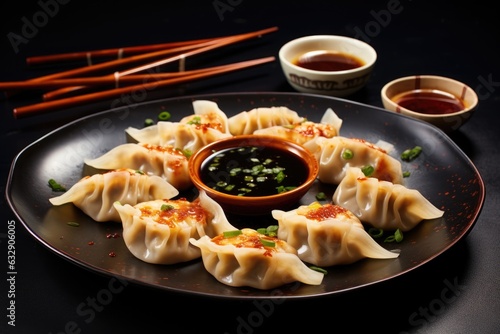 dumplings with dipping sauce and chopsticks