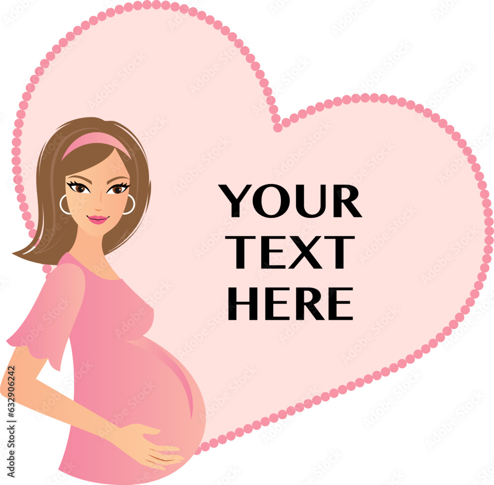 Young brown hair pregnant woman on pink heart background with custom text Young brown hair pregnant woman on pink heart background with custom text