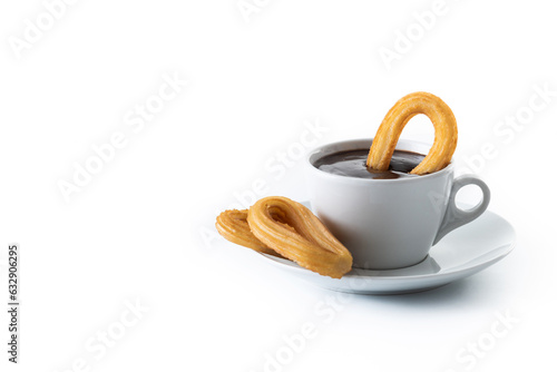 Traditional Spanish churros with hot chocolate breakfast isolated on white background. Copy space