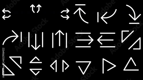 Set of animated arrows, alpha channel 4k video. Flat and simple signs for using web and mobile projects. User interface elements, isolated backgroung. 30 fps animation.