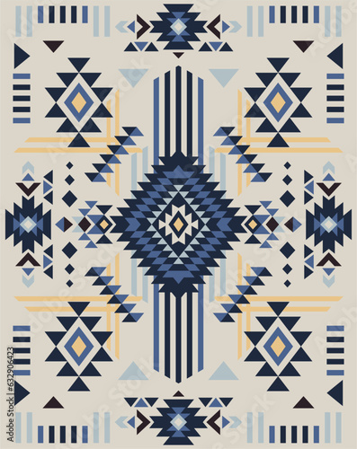 Aztec blue motif tribal ethnic design. Navajo decoration symbol, boho rug geometric. Ethnic ornament. 