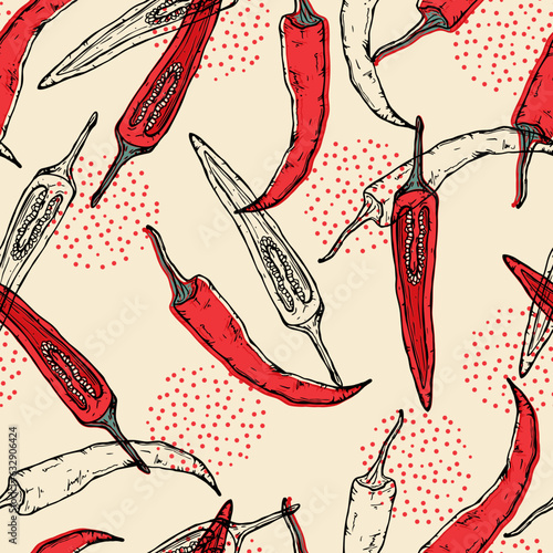 Hand drawn chili peppers on vintage background. Vector seamless pattern. 