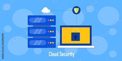 Cloud security system  Cloud hosting  Cloud server. Cyber security system. Protection form cyber attack. Vector illustration background.