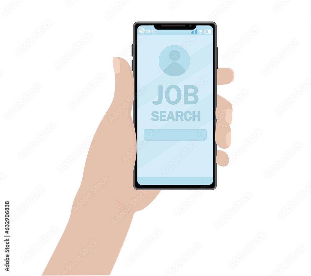 Job search hand in business style suit with phone on white background screen illustration