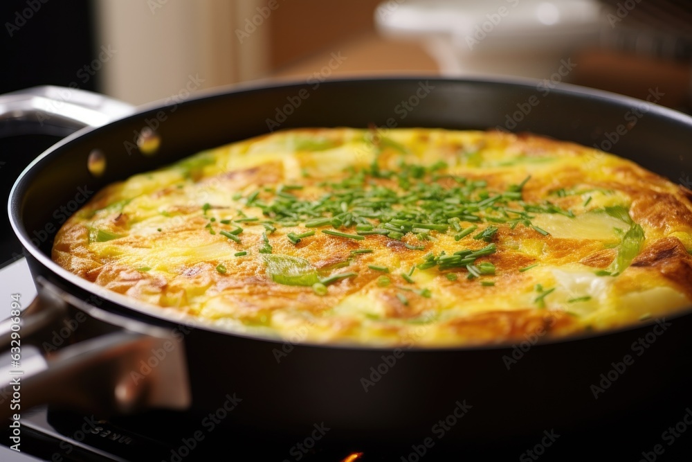 hot, golden-brown frittata cooling on stovetop