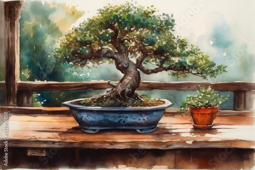 Watercolor drawing of a Bonsai tree on a wooden table. Generative AI.