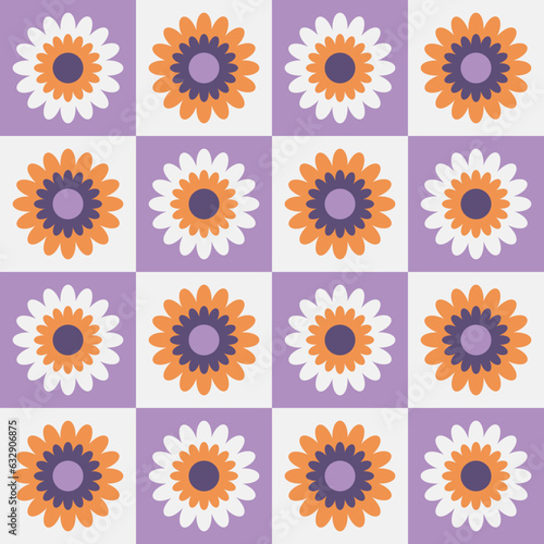 Retro floral square background granny style. Crocket knitted plaid seamless pattern patchwork flowers.