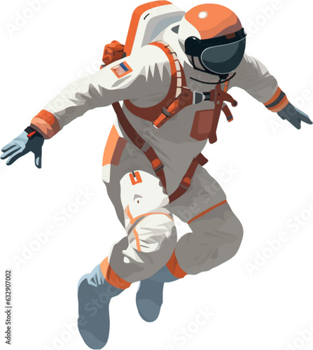 a spaceman wearing a jumpsuit and jumping between the air and the ground white background AI defined