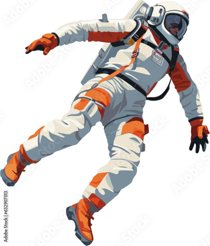 a spaceman wearing a jumpsuit and jumping between the air and the ground white background AI defined