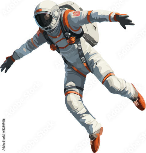 a spaceman wearing a jumpsuit and jumping between the air and the ground white background AI defined