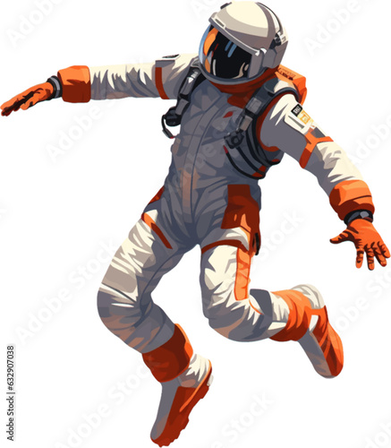 a spaceman wearing a jumpsuit and jumping between the air and the ground white background AI defined