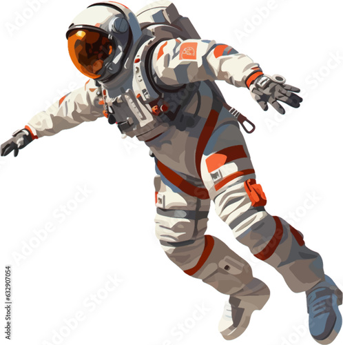 a spaceman wearing a jumpsuit and jumping between the air and the ground white background AI defined