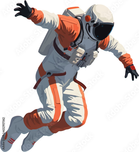 a spaceman wearing a jumpsuit and jumping between the air and the ground white background AI defined