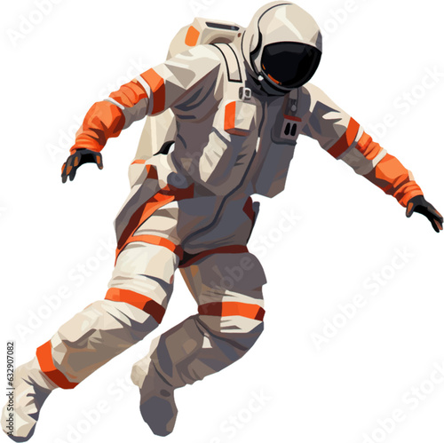 a spaceman wearing a jumpsuit and jumping between the air and the ground white background AI defined
