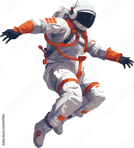 a spaceman wearing a jumpsuit and jumping between the air and the ground white background AI defined