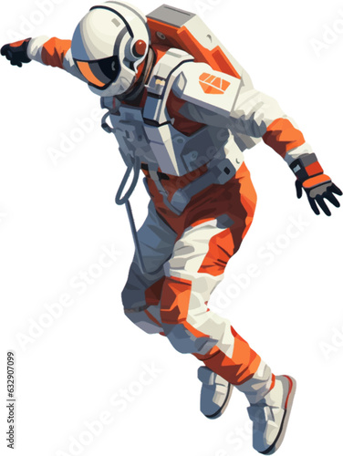 a spaceman wearing a jumpsuit and jumping between the air and the ground white background AI defined