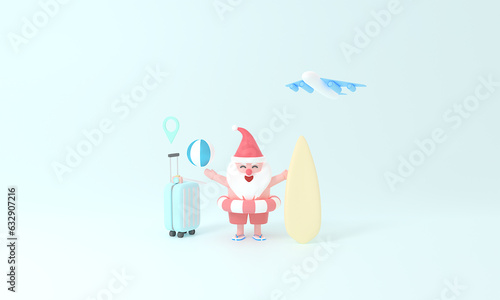 3D rendering Santa Claus on suitcase travel.magic of Summer Christmas and book a plane ticket concept. Celebrate season with festive pastel decor and embark on an imaginative journey of creativity. photo