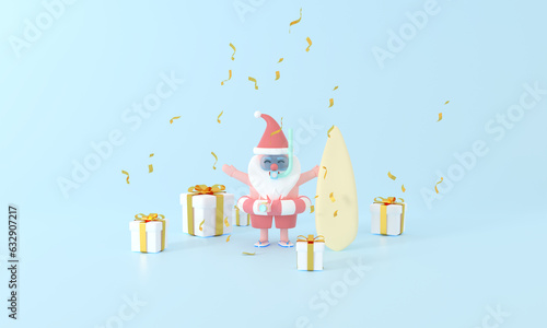 summer with a cute 3D rendering Santa Claus in a diving suit, capturing the pastel magic of holiday surf travel. Enjoy a special offer on Shopping Day and celebrate the season with joy and charm. photo