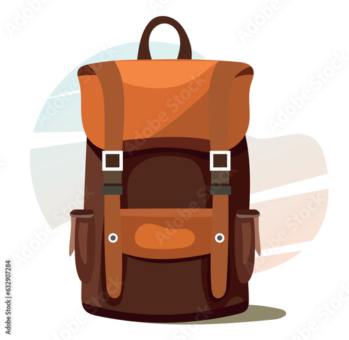 Brown camping backpack in flat and cartoon style.