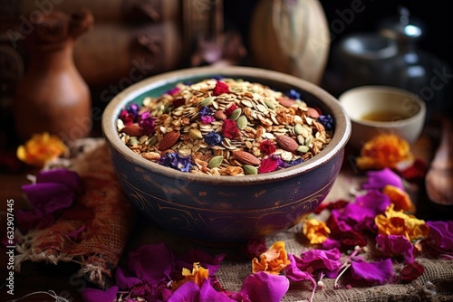 rustic bowl filled with colorful granola mix