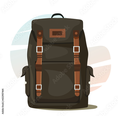 Dark green camping backpack in flat and cartoon style.